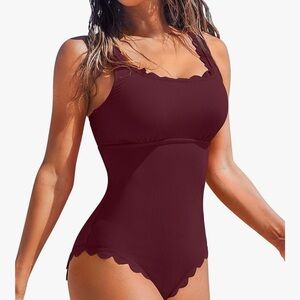 Scalloped Burgundy women’s One Piece Swimsuit